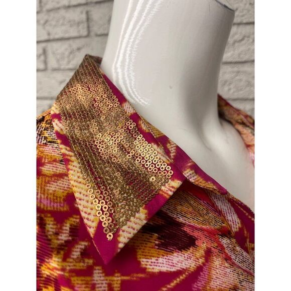 JM Collection Women Multicolored Long Sleeve Gold Sequin Collar Shirt Size 10 - Picture 7 of 9